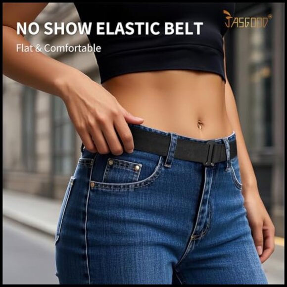 No Show Stretch Belt Elastic Web Strap with Flat Buckle for Jeans Pants Dresses